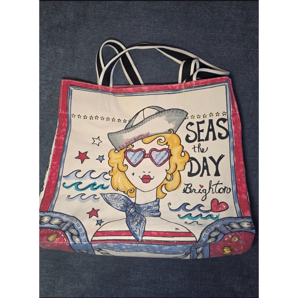 Brighton Seas the Day Canvas Tote Bag Nautical Sailor Girl Anchor Mermaid Red